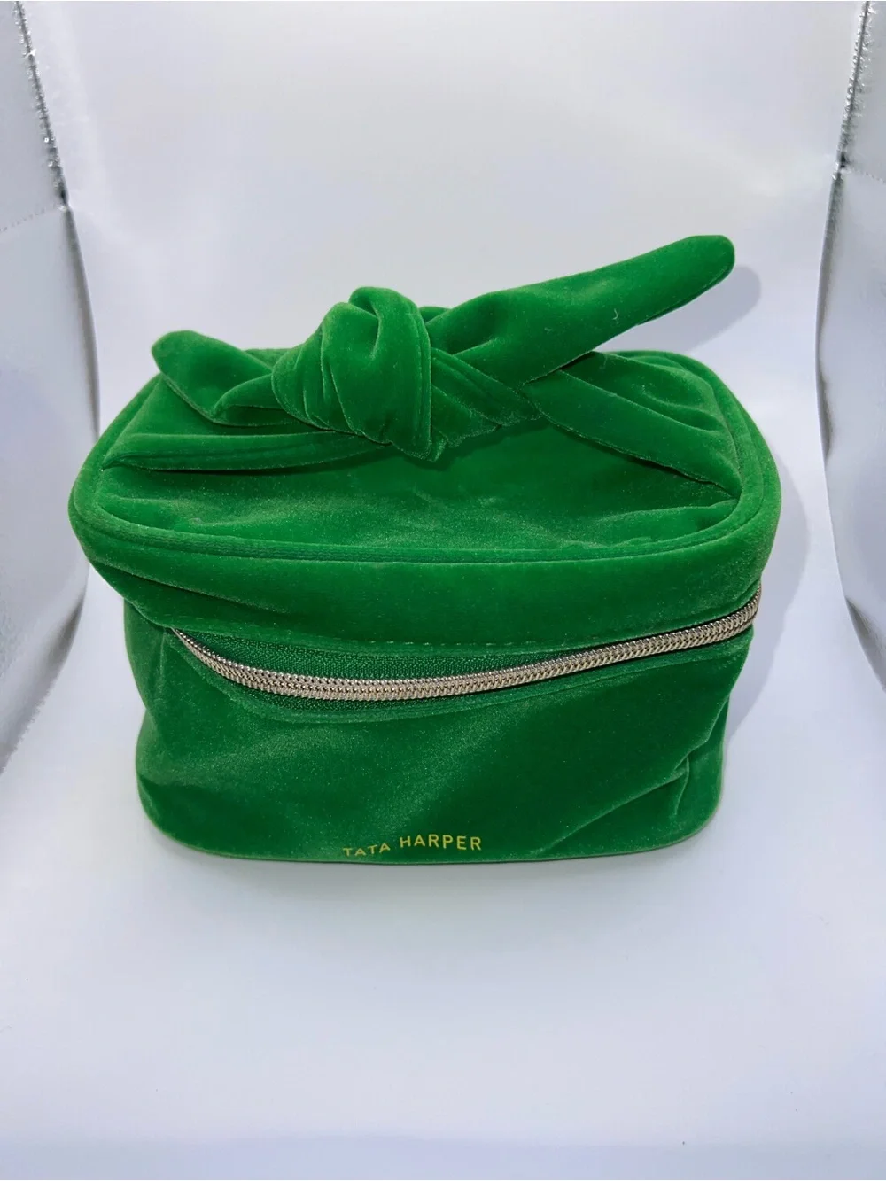 Tata Harper Emerald Green Velvet Cosmetic Case with Knot Handle